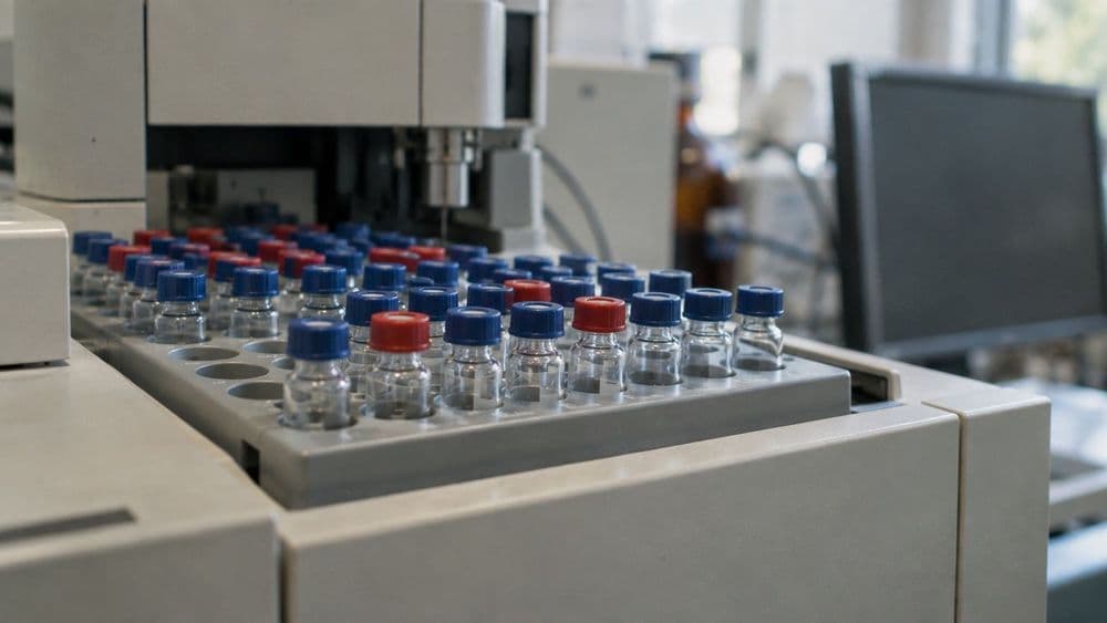 A tray of small capped sample vials loaded into the autosampler of a laboratory mass spectrometer, seen up close on a lab bench.