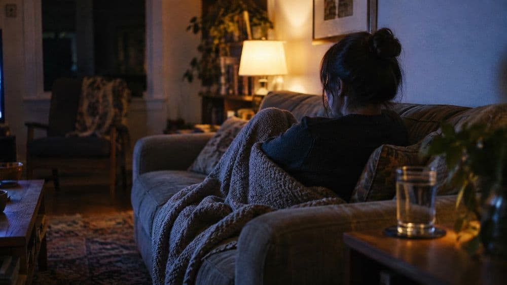 An adult curled up on a couch at night under a blanket, lit by the glow of a television out of frame, a glass of water on the side table.