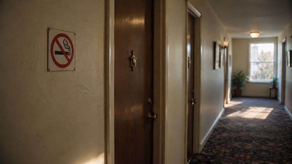 A small no-smoking pictogram sign on the wall of a carpeted apartment building hallway, with wooden unit doors receding toward a sunlit window.
