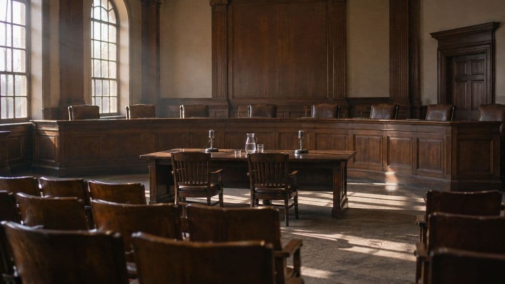 An empty, wood-paneled committee hearing room with a long raised dais of leather chairs, a witness table holding two old desk microphones and a water carafe, and rows of wooden chairs lit by tall arched windows.