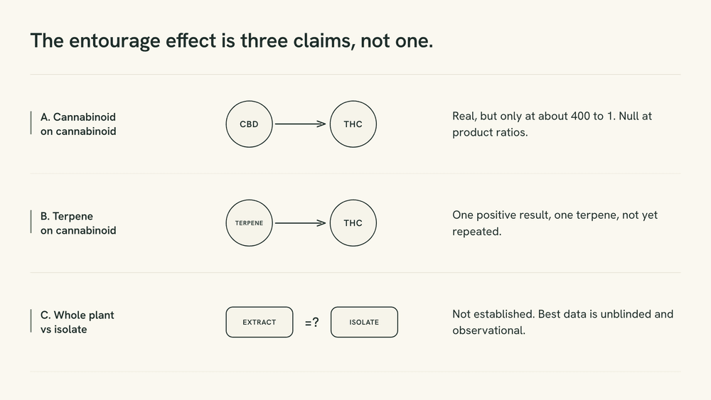 Diagram showing the entourage effect split into three separate claims, each with its own verdict.