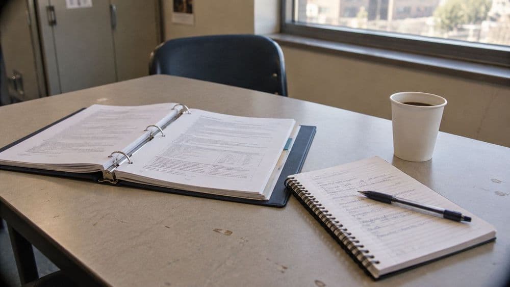 An open three-ring training binder and a spiral notebook with handwritten notes on a break-room table, next to a paper coffee cup, in soft window light.