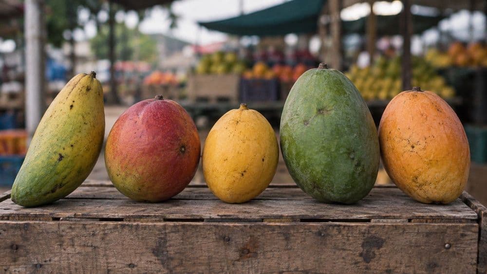 Five different mango varieties side by side on a wooden market crate, ranging from green and slender to round with a red blush and deep yellow.
