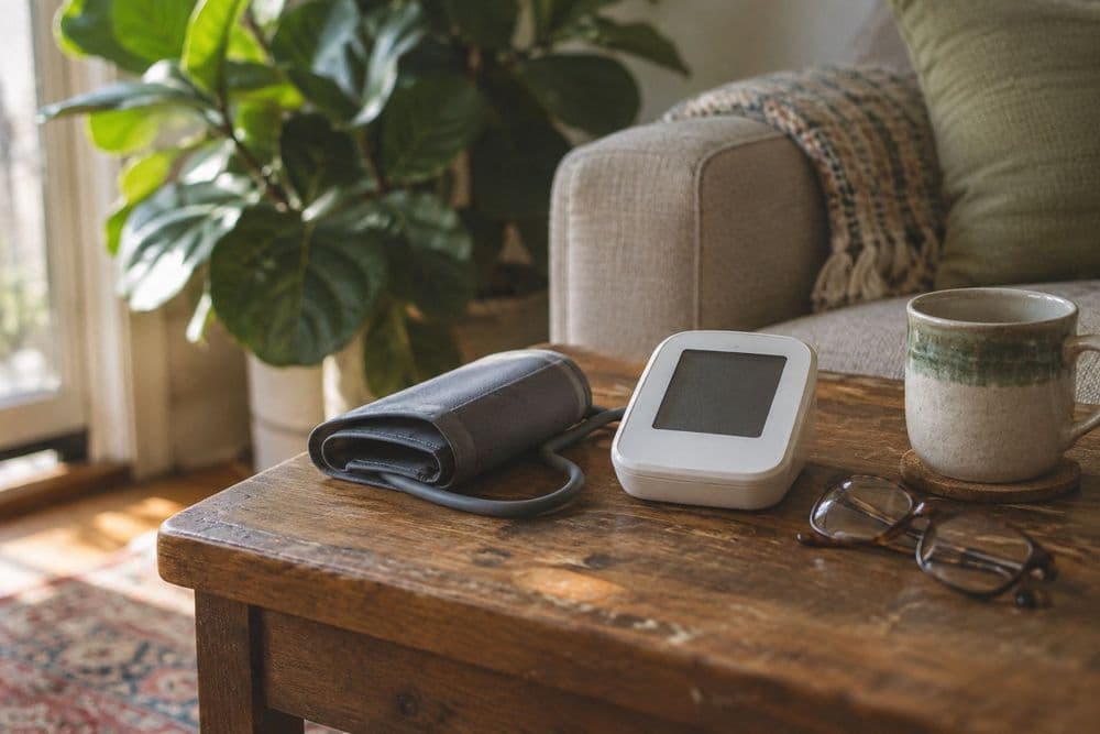 A home blood pressure monitor with its cuff folded beside it on a wooden side table, next to a pair of reading glasses and a mug, in afternoon window light.