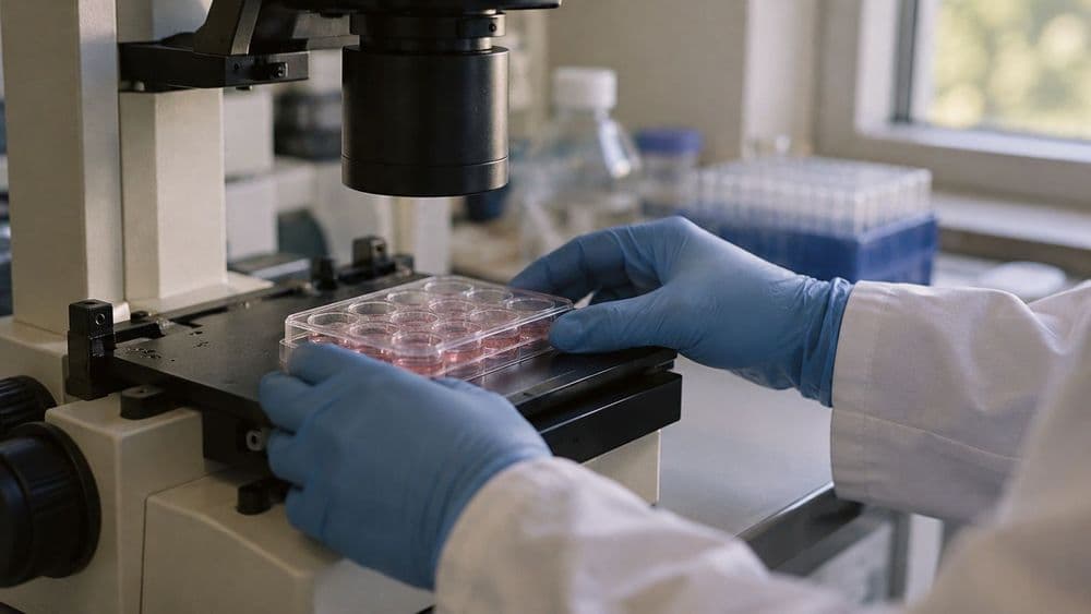 A researcher's gloved hands placing a clear multi-well cell-culture plate on the stage of a laboratory microscope, in soft window light.