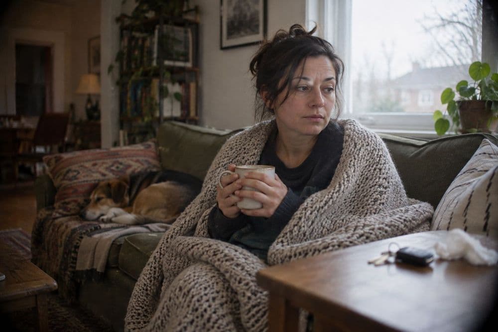 An adult wrapped in a blanket on a couch in soft morning light, holding a mug, with a set of car keys left on a side table at the edge of the frame.