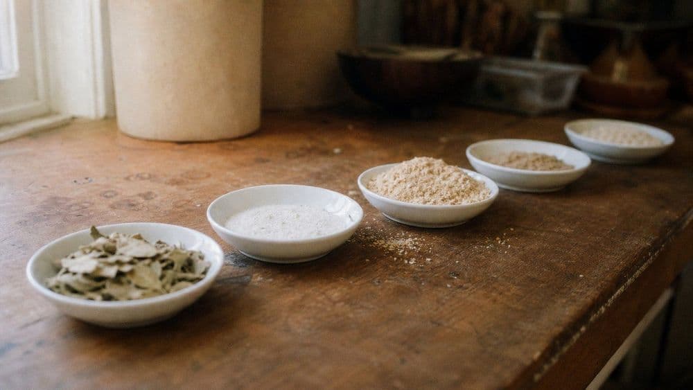 Five small white dishes on a plain counter, each holding a different loose dry ingredient: pale leaves, a white powder, a tan powder, a coarse flour and a fine root powder.