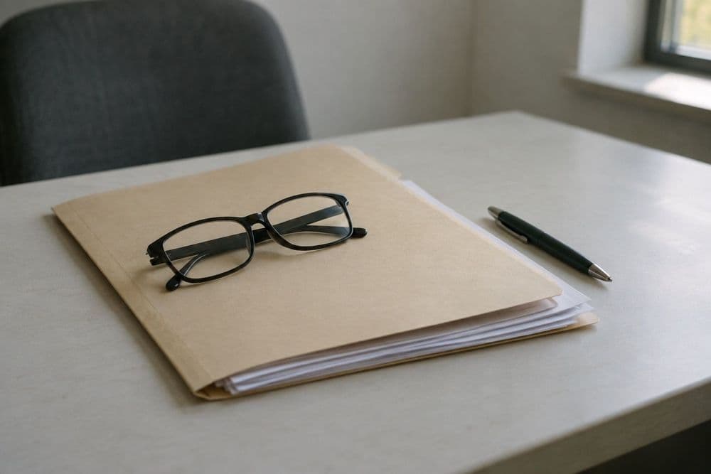 A closed manila folder with a few printed pages edged out of it, a pen and reading glasses on a plain office desk in daylight.