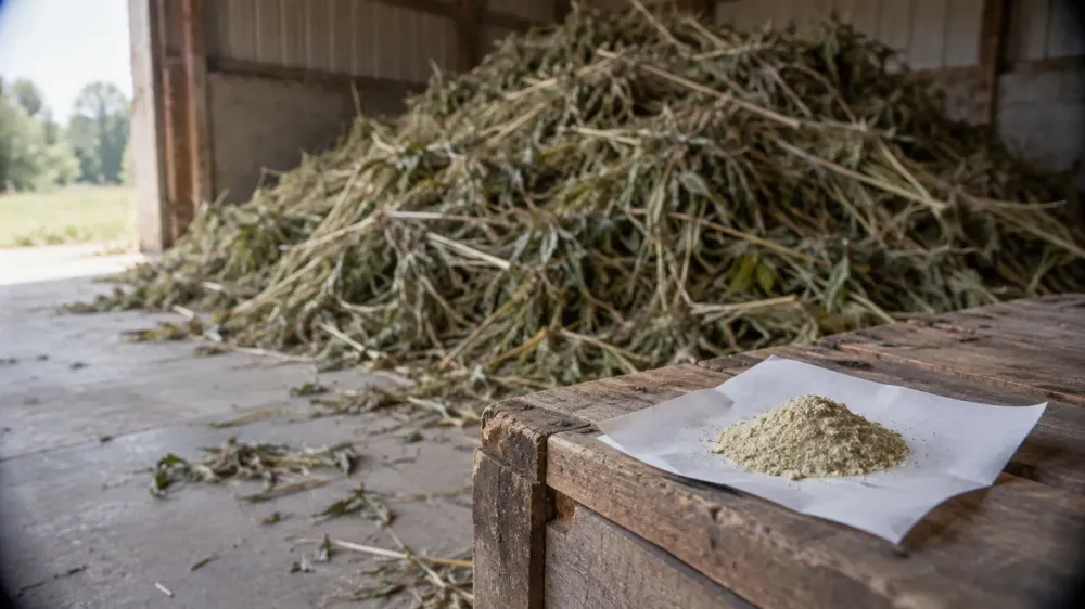 A heap of dried hemp stalks and leaves on a barn floor, with a small mound of pale powder on a square of white paper on a wooden crate in the foreground.