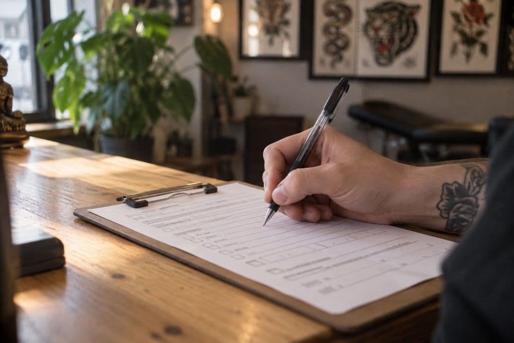 A client's hand filling in a paper intake form on a clipboard at a tattoo studio counter, the printed questions blurred and unreadable.