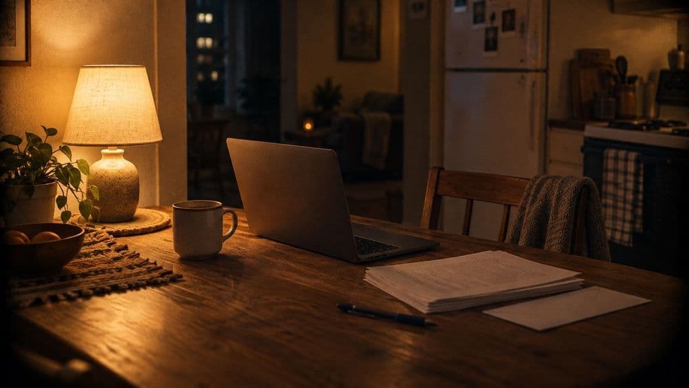 A laptop open on a kitchen table at night beside a short stack of printed papers, a pen and a mug, lit by a warm table lamp.