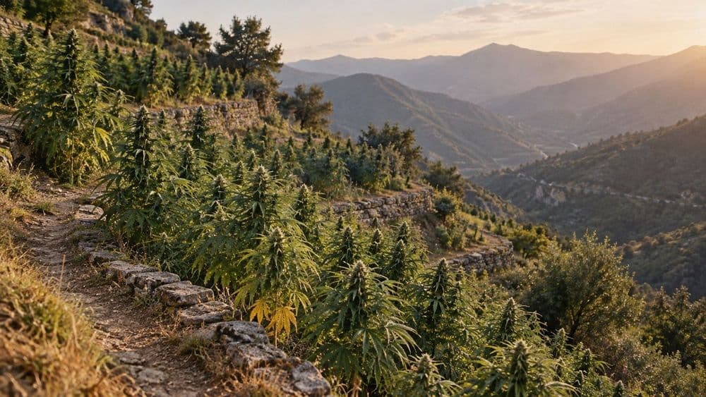 Tall cannabis plants growing on a terraced hillside field in late-afternoon light, with low dry-stone walls between the terraces and hazy mountain ridges behind.
