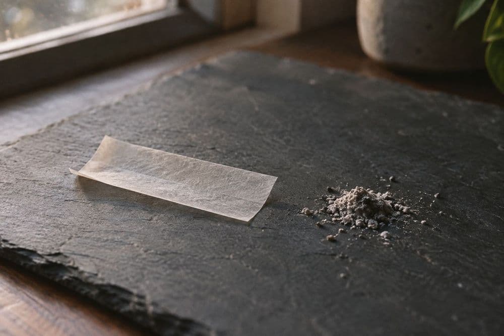 A plain, unbranded rolling paper lying flat on a slate surface beside a small pile of gray ash.