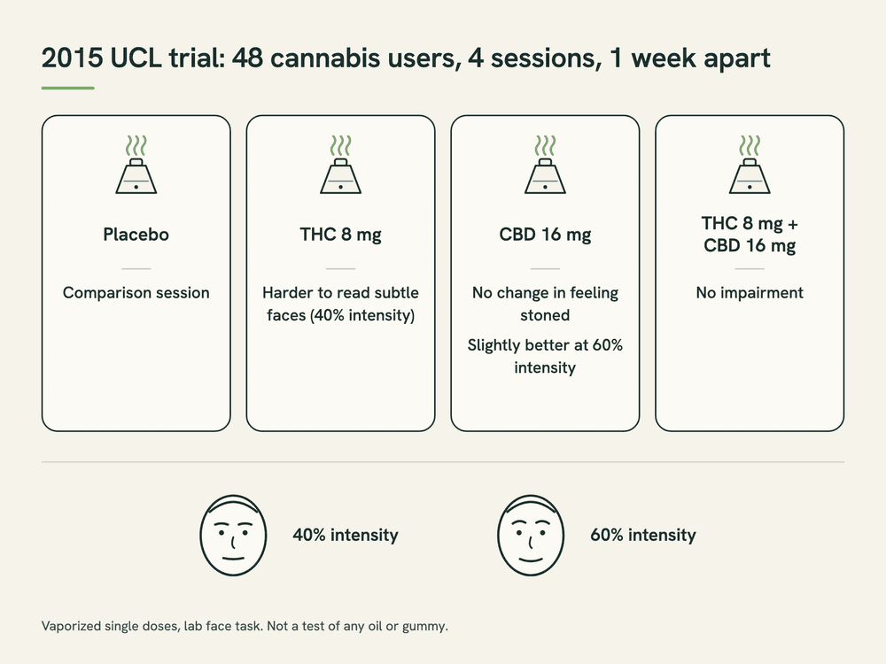 Diagram of the 2015 UCL face-reading trial: 48 cannabis users, four vaporized sessions (placebo, THC 8 mg, CBD 16 mg, THC 8 mg plus CBD 16 mg) and the result of each.
