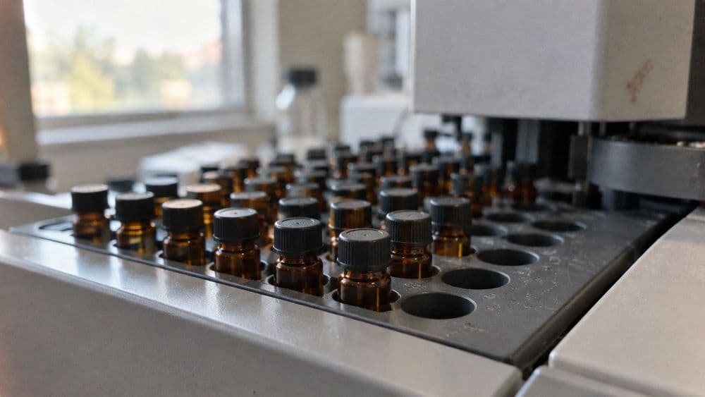 Rows of small amber glass sample vials with blank caps standing in a lab autosampler tray, soft daylight from a nearby window, no labels or text visible.