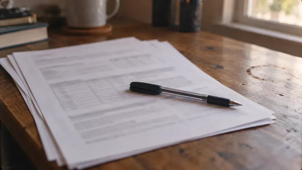 A printed multi-page lab report lying on a wooden desk beside a pen, its tables out of focus and unreadable, in soft window light.