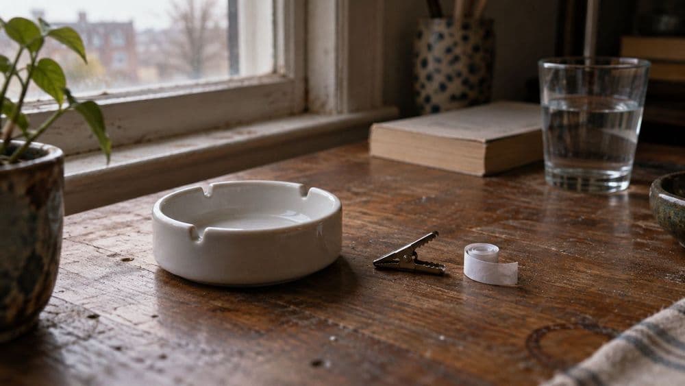 A plain metal roach clip and a small rolled card crutch lying beside an empty ceramic ashtray on a wooden table in soft window light.