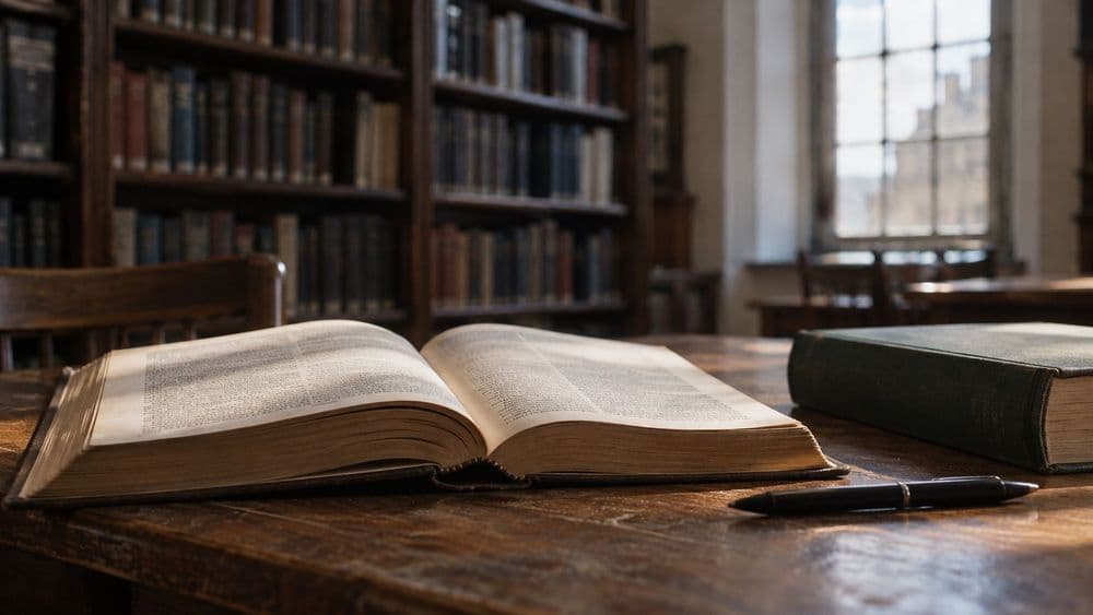 An open bound volume of court reports on a wooden library reading table beside a closed second volume and a pen, in soft afternoon window light.
