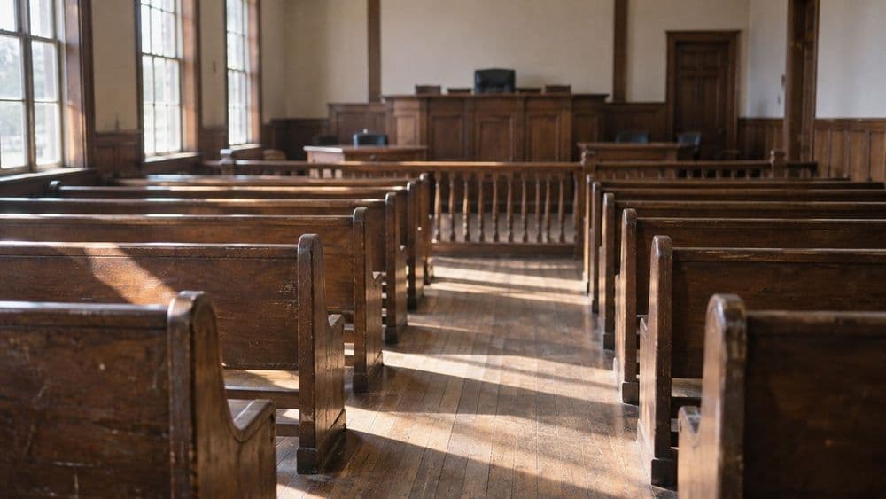 Rows of empty wooden benches in the public gallery of a plain courtroom, morning light through tall windows, no people and no signage.