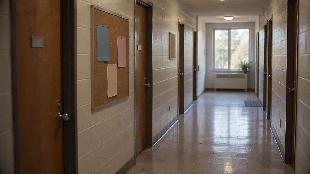 A quiet college residence hall corridor with wooden room doors, a cork bulletin board with a few blank colored flyers and a window at the far end letting in daylight.