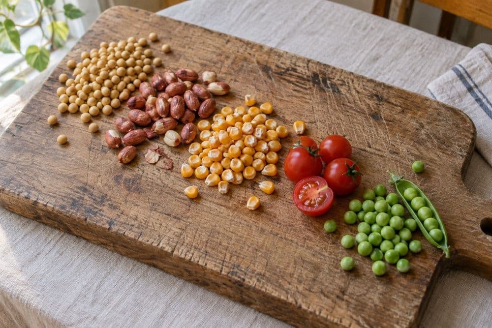 Small piles of dry soybeans, shelled peanuts, corn kernels, cherry tomatoes and fresh garden peas arranged on a worn wooden cutting board in natural light.
