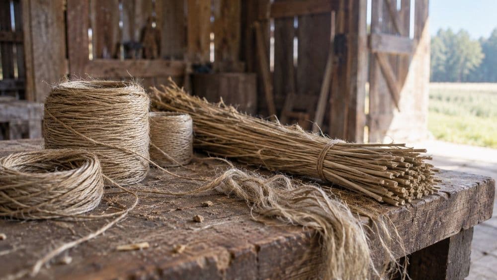 Coils of natural hemp twine and a bundle of dried, pale hemp stalks lying on a rough barn workbench in daylight.