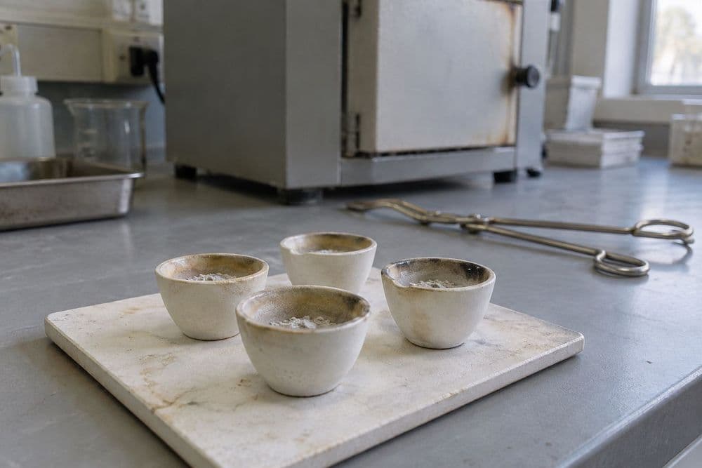 Small white porcelain crucibles holding pale gray ash on a laboratory bench next to a closed muffle furnace.
