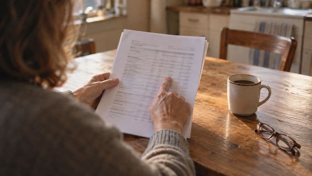 A person's hands at a kitchen table holding a printed multi-page lab report, with a mug and reading glasses nearby in morning light.