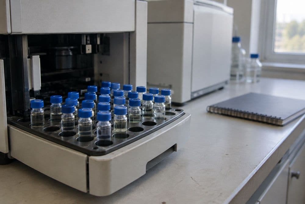 A tray of small blue-capped sample vials in a chromatography autosampler on a testing-lab bench, with the instrument and a notebook softly out of focus behind.