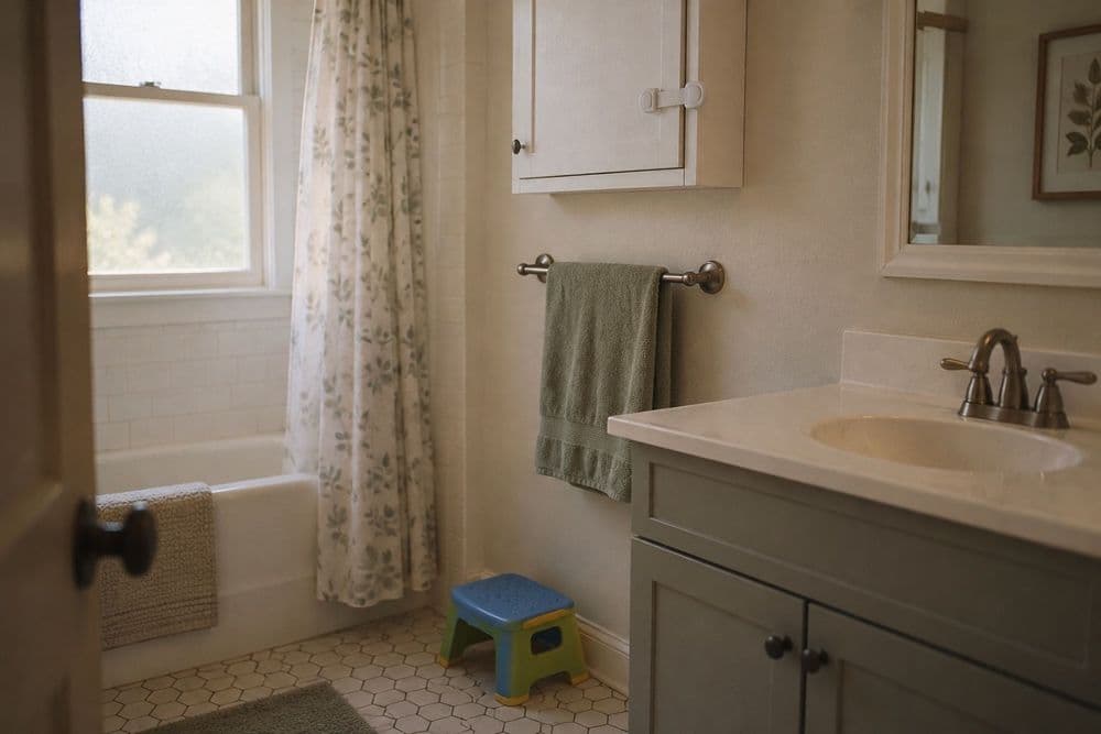 A closed bathroom wall cabinet mounted high on the wall, its door held shut by a white child-safety latch, with a small child's step stool on the floor below.