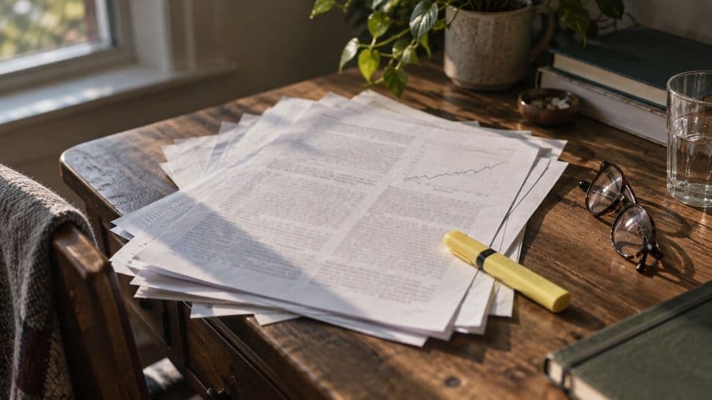 A small stack of printed research papers on a wooden desk with a yellow highlighter and reading glasses, in soft afternoon window light.
