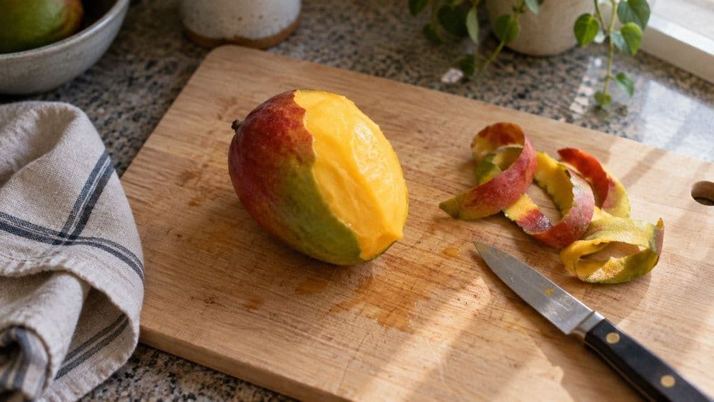 A mango being peeled on a wooden cutting board, with long strips of red and green peel set aside and a paring knife resting nearby.