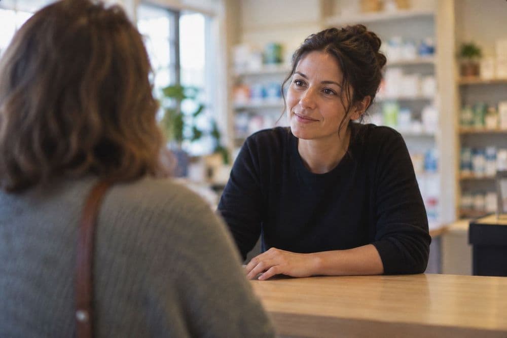 An adult talking with a pharmacist across a plain pharmacy counter, seen over the customer's shoulder, with softly blurred shelves behind.