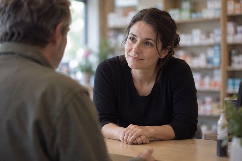 An adult talking with a pharmacist across a plain pharmacy counter, seen over the customer's shoulder, with softly blurred shelves behind.