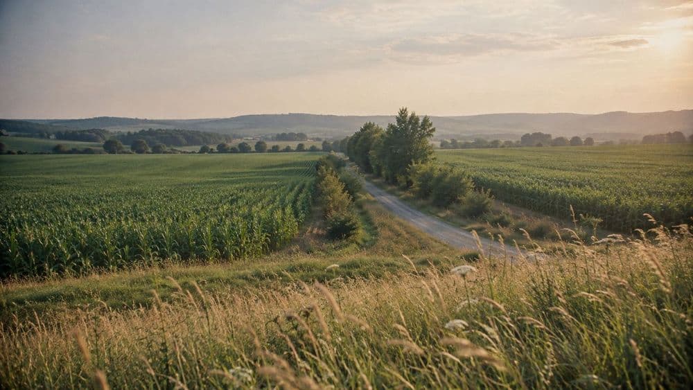 Two neighboring crop fields in late summer separated by a narrow line of trees and a gravel road, with tall grass bending in the wind in the foreground.