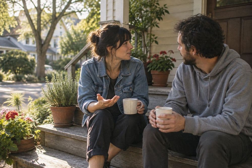 Two friends sitting on wooden porch steps in the morning, one talking while the other listens, each holding a mug.