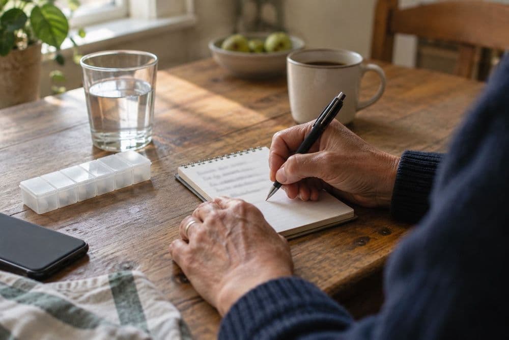 An adult at a kitchen table writing a short list on a notepad before an appointment, a weekly pill organizer and a glass of water nearby, in morning light.