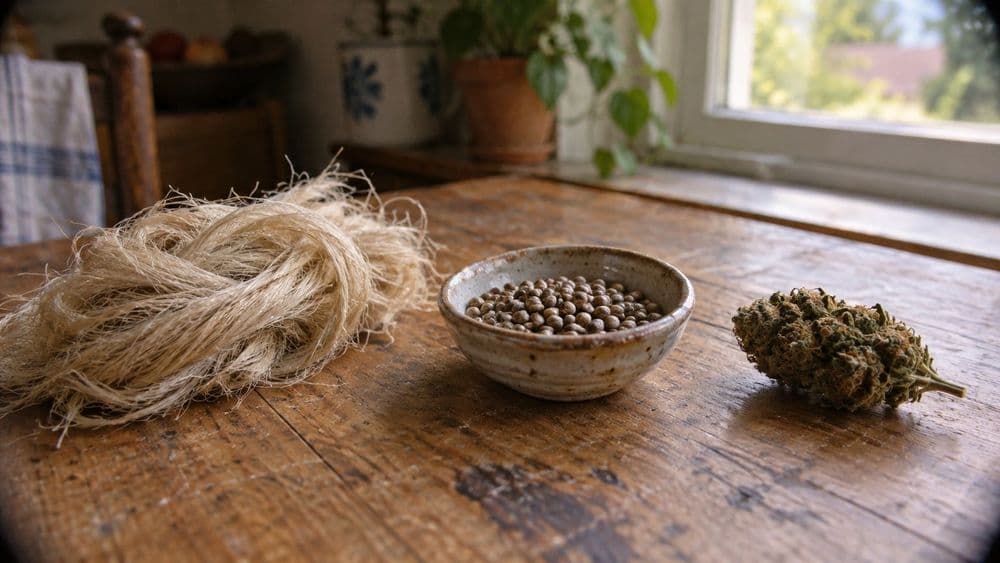 A bundle of pale hemp stalk fiber, a small dish of hemp seeds and a dried cannabis flower arranged side by side on a wooden table.