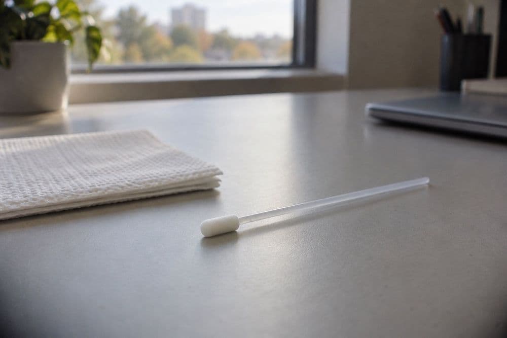 A foam-tipped oral-fluid collection swab lying on a plain white desk under soft daylight.