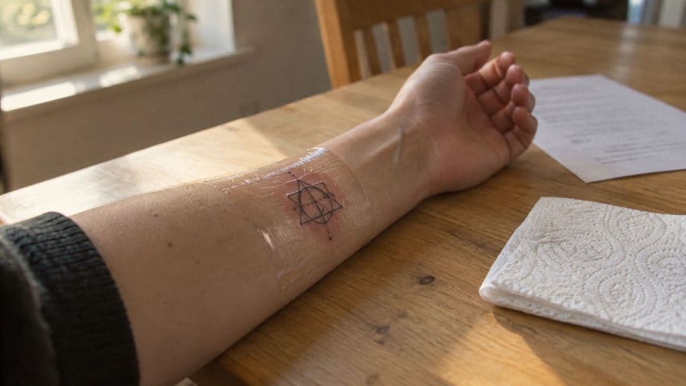A freshly tattooed forearm wrapped in clear protective film resting on a wooden table next to a printed aftercare sheet with unreadable text and a folded clean paper towel.