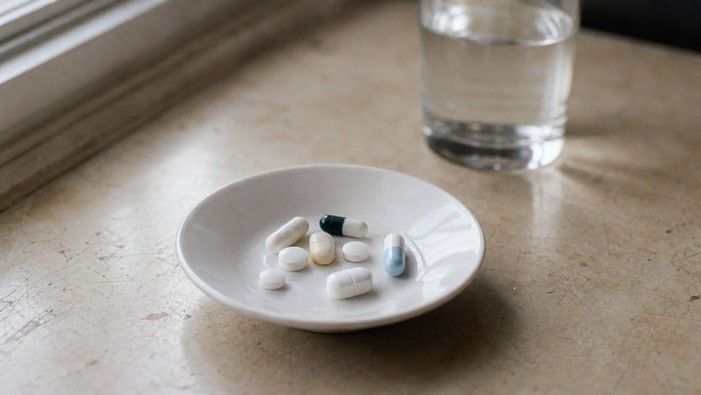 A plain white saucer holding a small pile of assorted unmarked tablets and capsules of different shapes and colors, on a worn kitchen counter beside a glass of water.