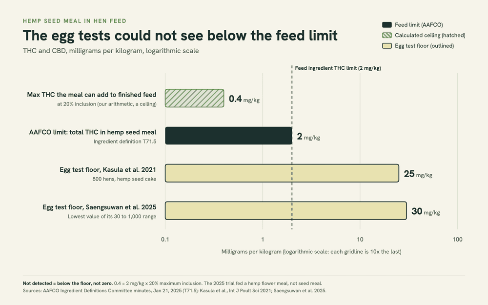 Log-scale bar chart in mg/kg: 0.4, the most THC hemp seed meal can add to finished feed at 20%; 2, the AAFCO THC limit in the meal; 25 and 30, the egg test floors in the 2021 and 2025 trials.