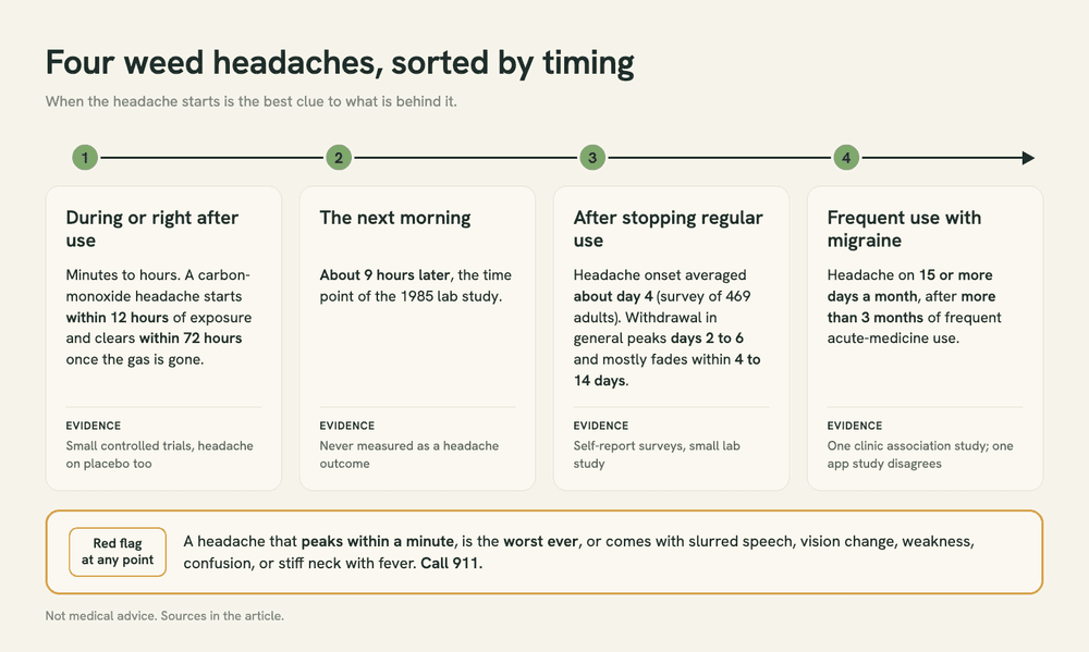 Timeline of the four weed headaches: during or soon after use, the next morning, about day 4 after stopping, and 15 or more headache days a month, with a red flag band for a headache that peaks within a minute.