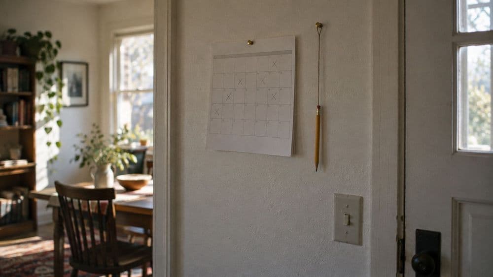 A paper month calendar pinned to a painted wall, several day squares crossed out in pencil, a pencil hanging beside it on a string, in soft side light.