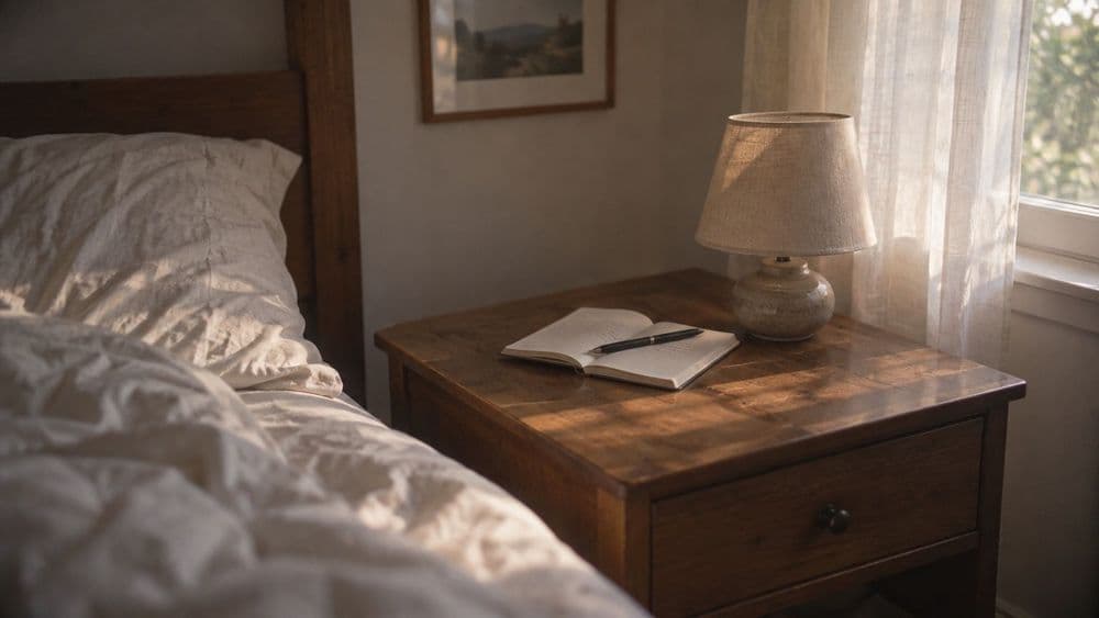 A bedside table in soft morning light with a small open notebook, a pen and a switched-off lamp, a rumpled pillow at the edge of frame.