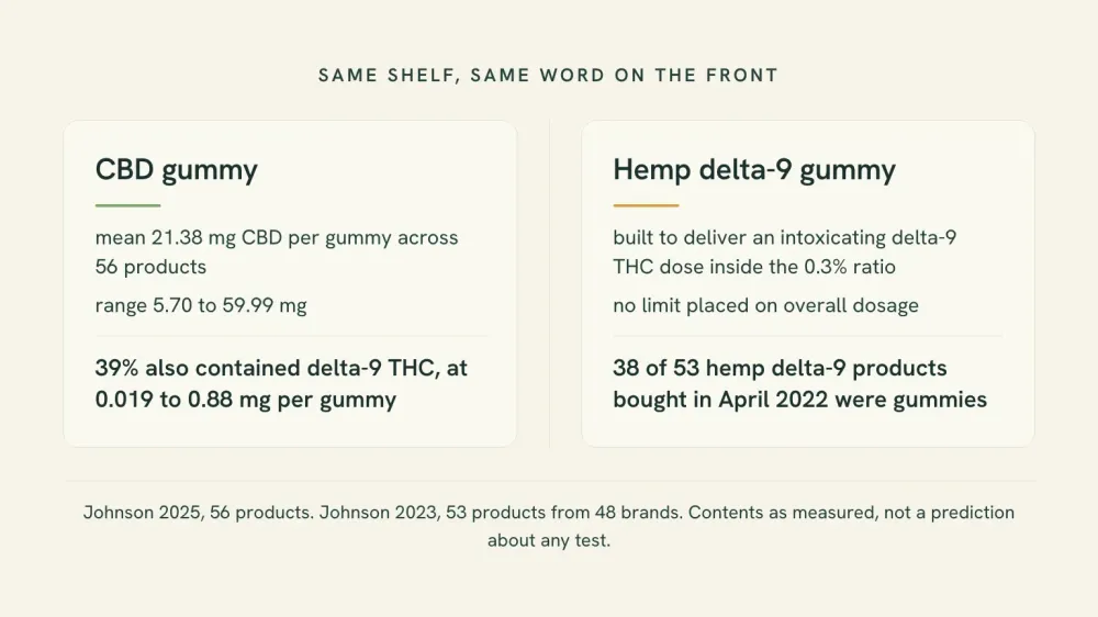Two label cards side by side under the heading Same shelf, same word: a CBD gummy card showing a mean of 21.38 mg CBD per gummy and 39% containing delta-9 THC, and a hemp delta-9 gummy card showing 38 of 53 products being gummies.