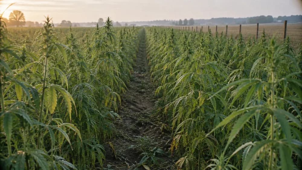 Rows of tall industrial hemp grown as a field crop, photographed from chest height in the furrow between two rows so the leafy stalks recede toward a hazy horizon, a plain wire fence line running along the far edge of the field.
