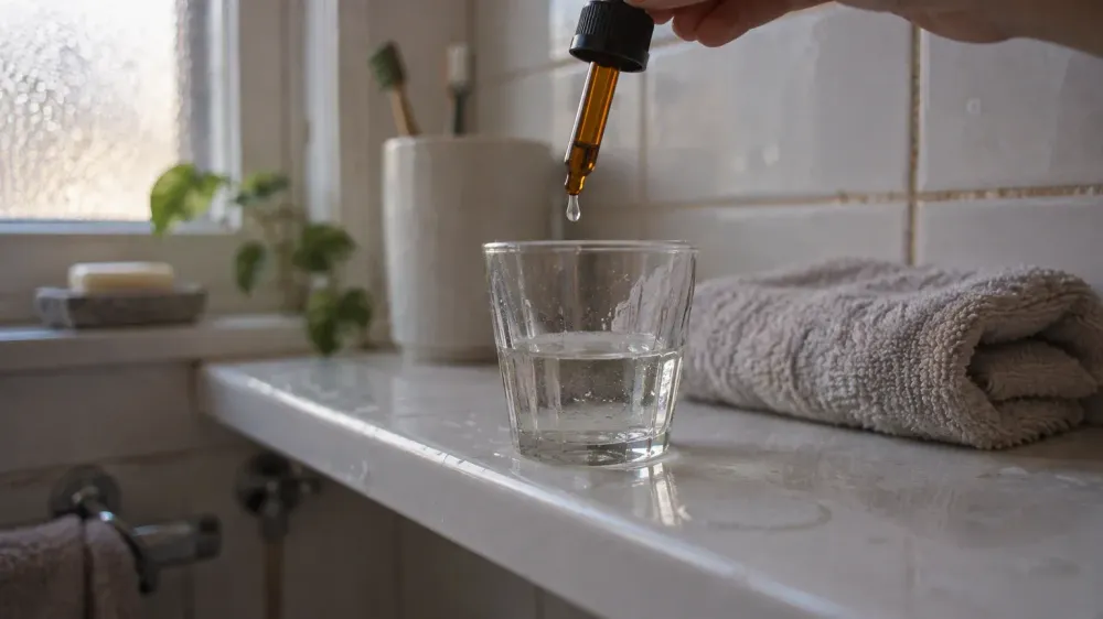 A plain unlabelled amber glass dropper held above a small clear tumbler of water on a lived-in bathroom shelf, a single drop hanging at the tip, soft morning light through a frosted window behind it.