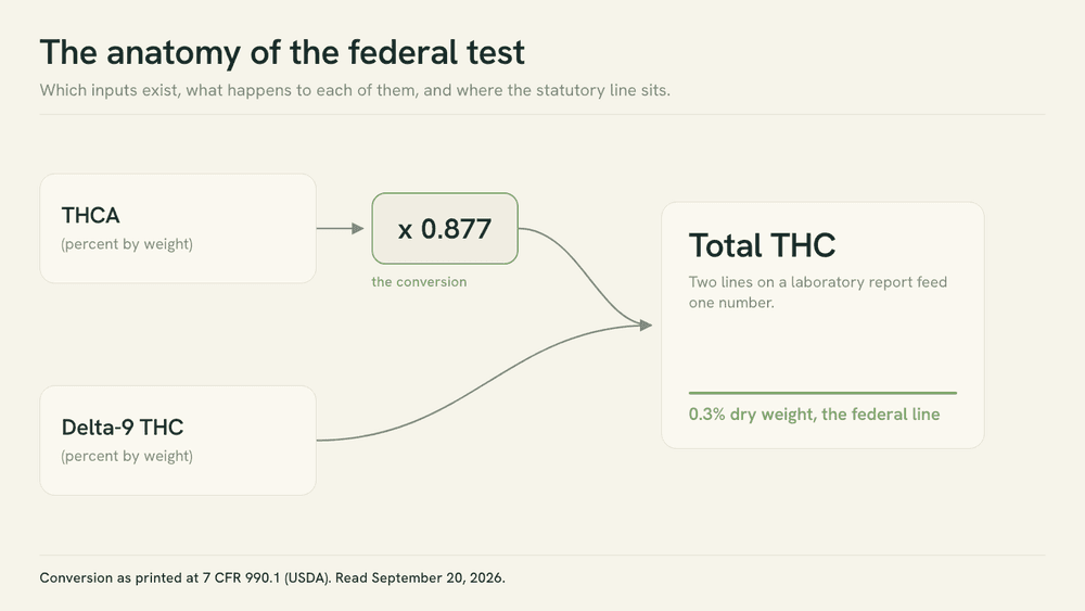 Diagram of the federal total-THC conversion: a THCA input multiplied by 0.877 and a delta-9 THC input, both feeding one total, with a horizontal 0.3 percent line drawn across the result.