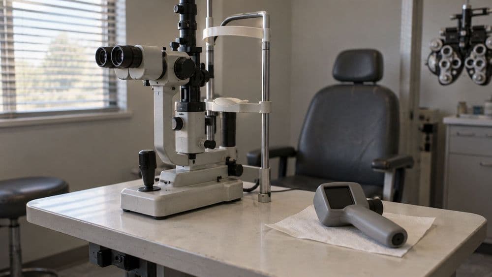 An empty optometry exam room in daylight, with a slit-lamp microscope and chin rest on a table and a handheld pupillometer resting on a paper towel beside it.